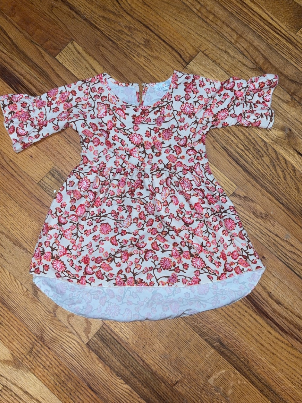 Girls Floral Pink High-Low Dress with Ruffled Sleeves